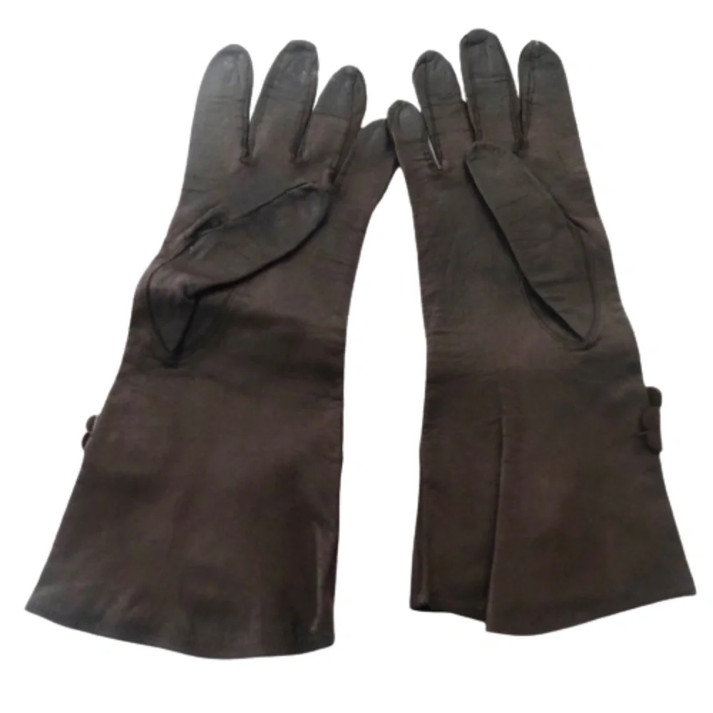 VINTAGE 1950s LEATHER LADIES’ GLOVES w/THREE FLOWERS~11”~BLACK/BROWN~SIZE 6 3/4